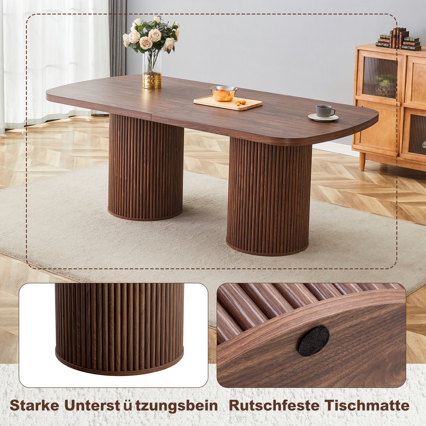 Moderner ovaler Esstisch mit geriffeltem Säulenfuß, hochwertiger MDF-Oberfläche in Holzoptik, im Wabi-Sabi- und Mid-Century-Stil für die heimische Küche