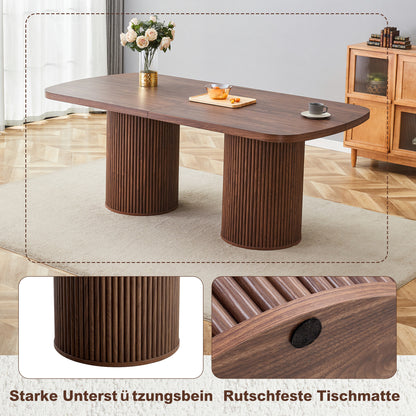Moderner ovaler Esstisch mit geriffeltem Säulenfuß, hochwertiger MDF-Oberfläche in Holzoptik, im Wabi-Sabi- und Mid-Century-Stil für die heimische Küche
