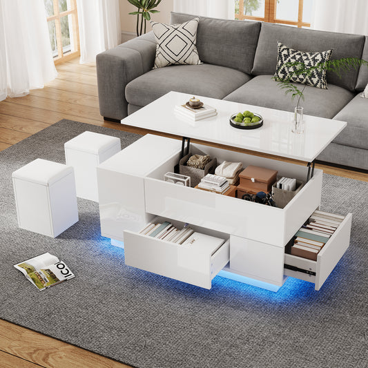 100*50*45cm Couchtisch 4-in-1 höhenverstellbarer Sofatisch mit LED, kaffeetisch mit 2 Schubladen,Hochglanztisch mit Sofa und 2 Hockern,Beistelltisch mit verstecktem Stauraum,Tragkraft bis 50kg,Weiß