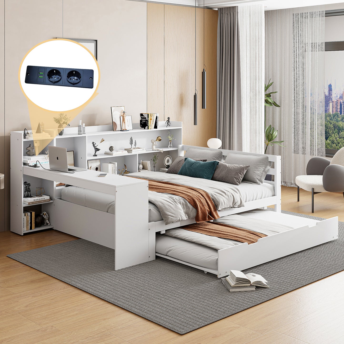 Gigab2b original image - Schlafsofa Aus Massivholz, 140*200 cm, Mit Schreibtisch Bücherregalen Ablagefächern und Regalen, Mit Steckdosen, Ausziehbarem Bett Unter Dem Bett, Multifunktionales Doppelholzbett, Weiß