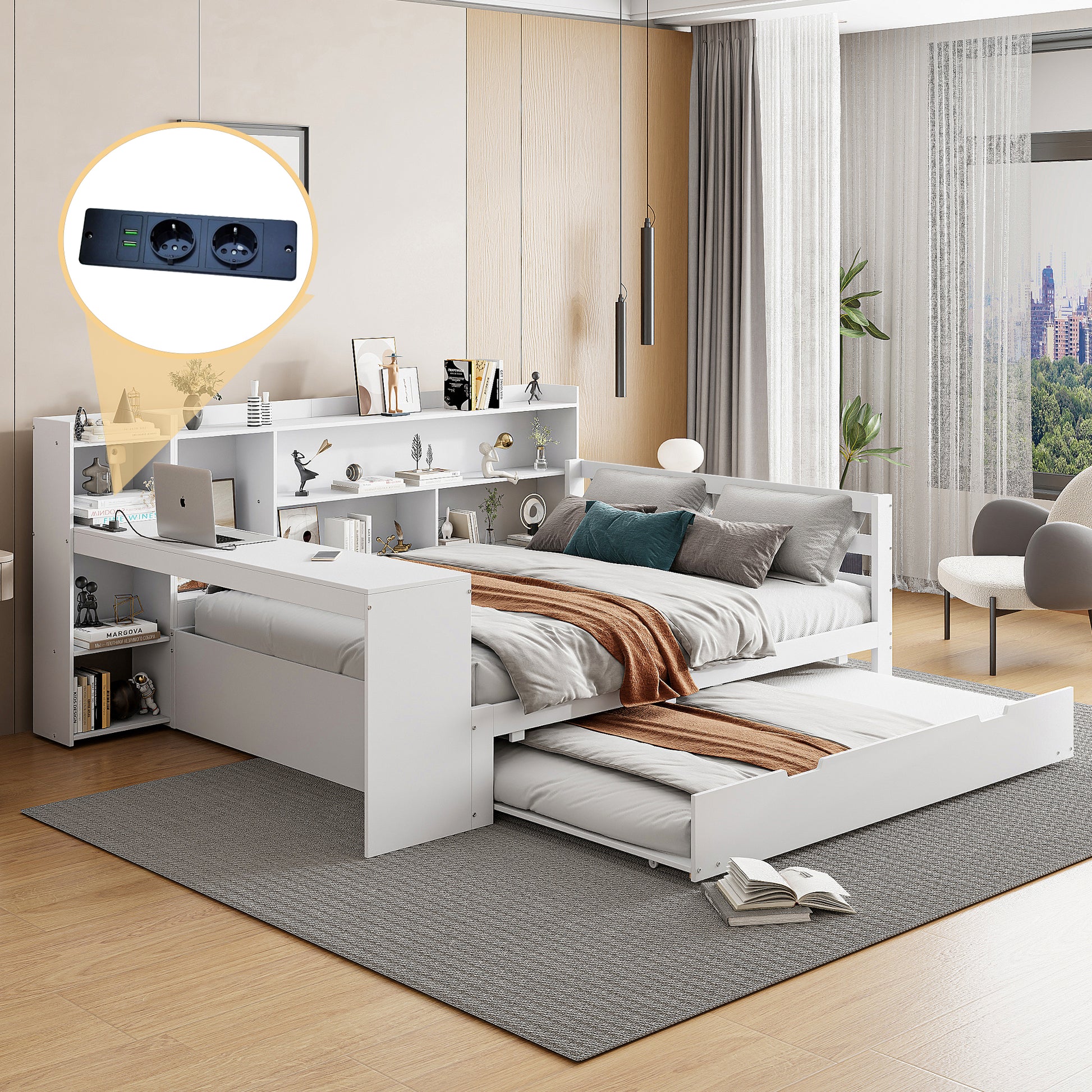 Gigab2b original image - Schlafsofa Aus Massivholz, 140*200 cm, Mit Schreibtisch Bücherregalen Ablagefächern und Regalen, Mit Steckdosen, Ausziehbarem Bett Unter Dem Bett, Multifunktionales Doppelholzbett, Weiß