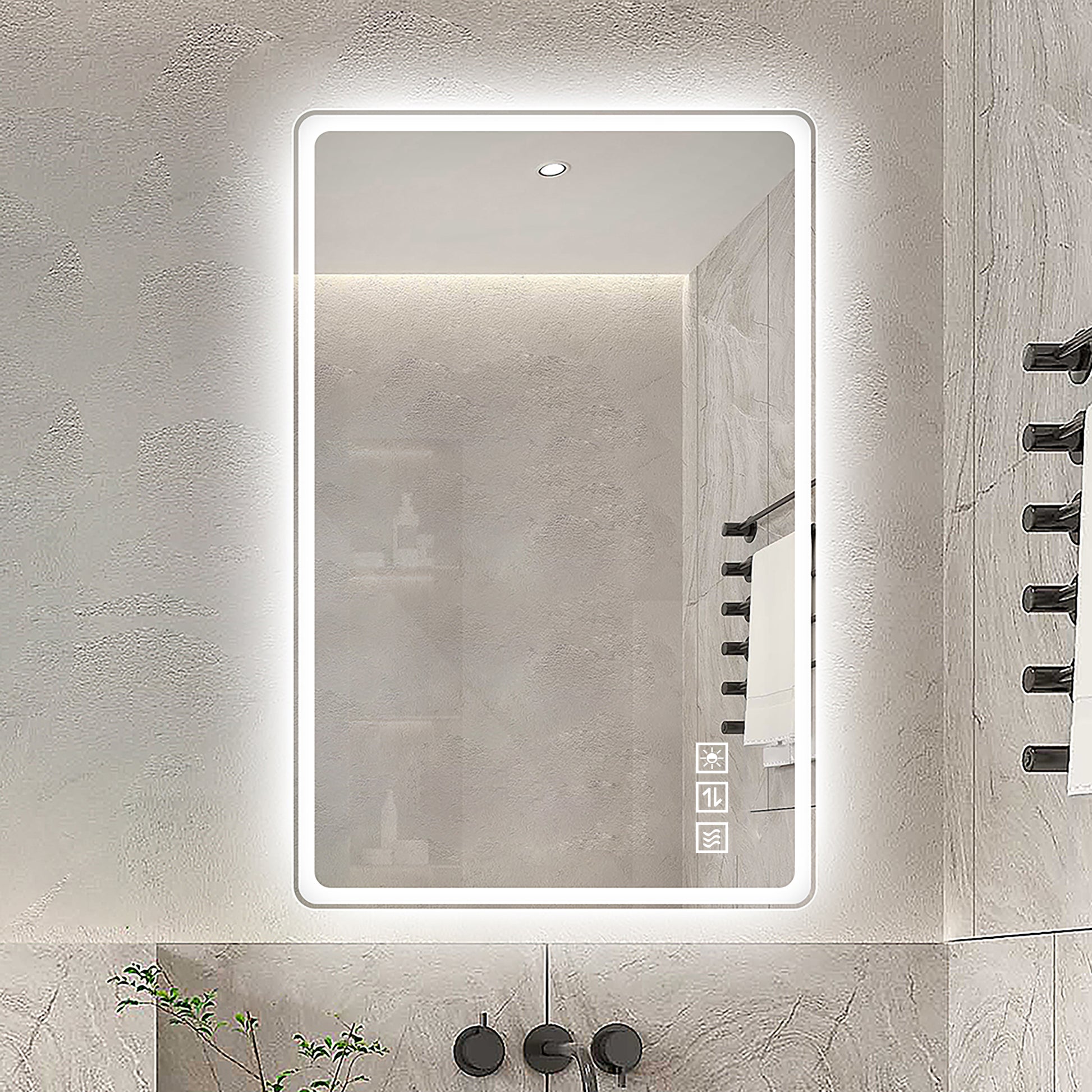 60×100cm Rahmenloser LED Badezimmerspiegel mit Mattierter Frontbeleuchtung, Anti-Beschlag, 3 Lichtfarben, Stufenlos Dimmbar, Memory-Funktion, Horizontal & Vertikal Montierbar, IP44 Wasserdicht