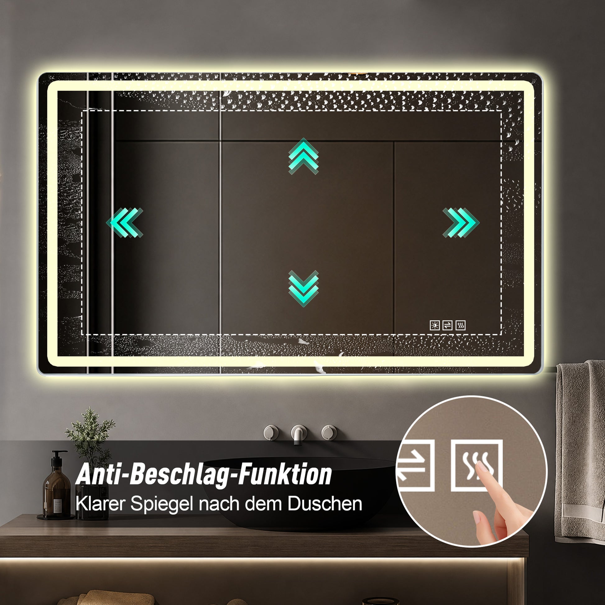 60×100cm Rahmenloser LED Badezimmerspiegel mit Mattierter Frontbeleuchtung, Anti-Beschlag, 3 Lichtfarben, Stufenlos Dimmbar, Memory-Funktion, Horizontal & Vertikal Montierbar, IP44 Wasserdicht