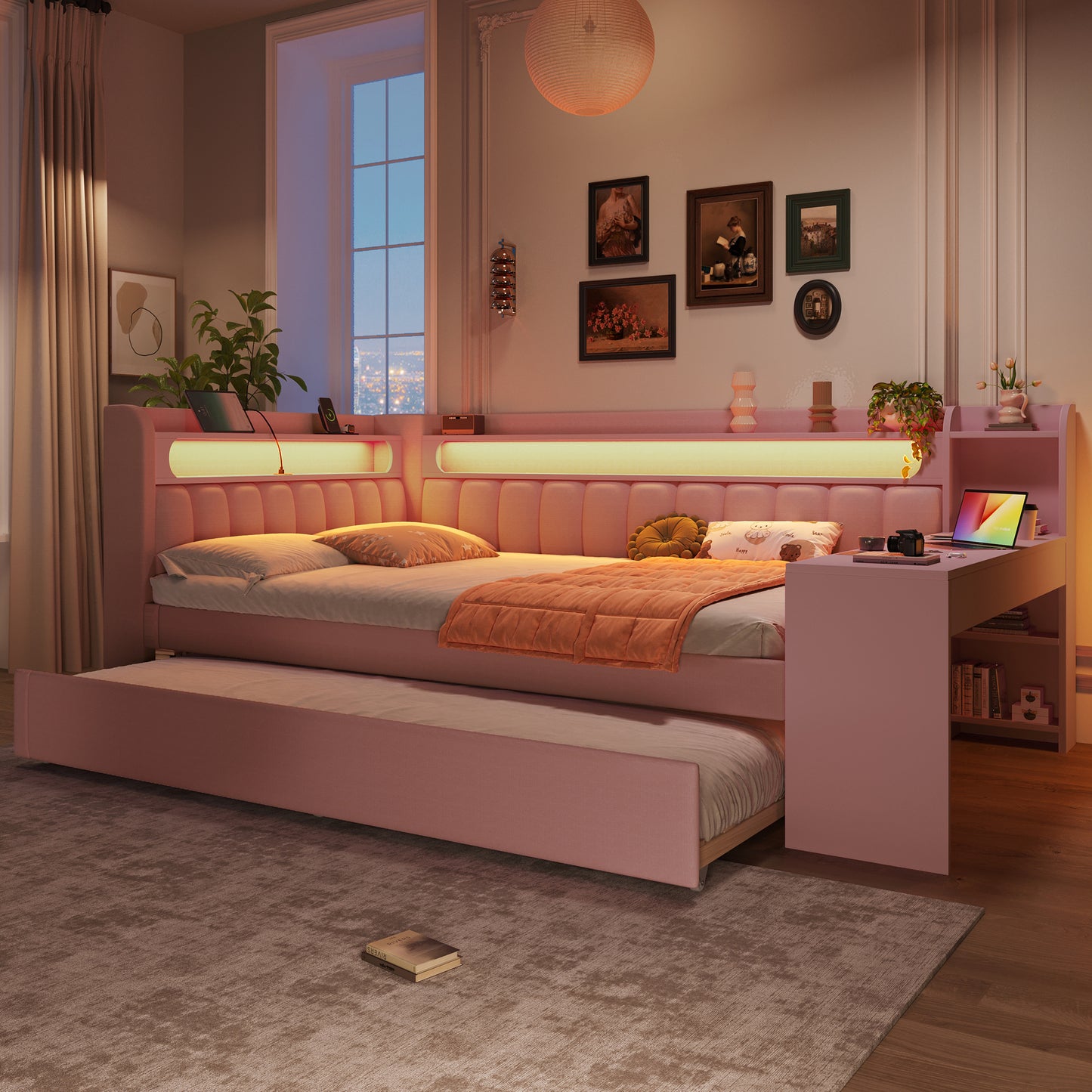 Gigab2b original image - Gepolstertes 140x200 Tagesbett mit USB-Anschlüssen und LED-Gürtel, mit Ausziehbett und Schreibtisch, Rosa
