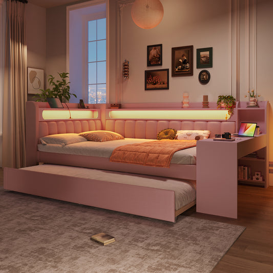 Gigab2b original image - Gepolstertes 140x200 Tagesbett mit USB-Anschlüssen und LED-Gürtel, mit Ausziehbett und Schreibtisch, Rosa