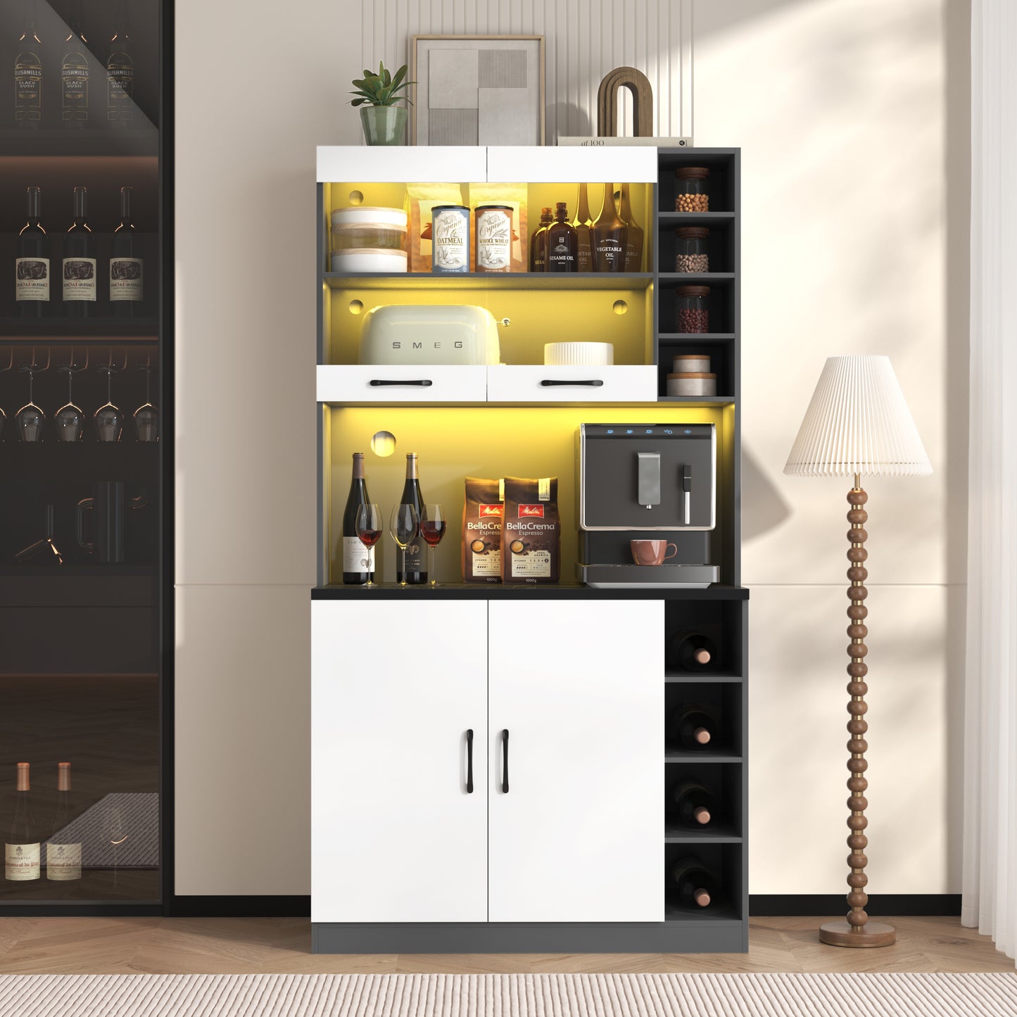 100x47x187cm, Küchenschrank, Buffet mit LED-Ambiente-Beleuchtung und Kabellöchern, Küchen-Highboard aus Holz, großer Platz für Mikrowelle, freistehend, höhenverstellbare seitliche Ablagefächer