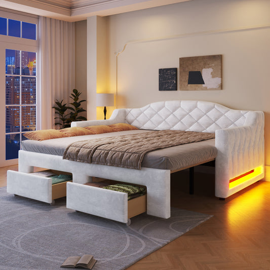 Gigab2b original image - Gepolstertes Tagesbett (90x200 bis 180x200 cm) mit zwei Schubladen und LED-Beleuchtung,Weiß