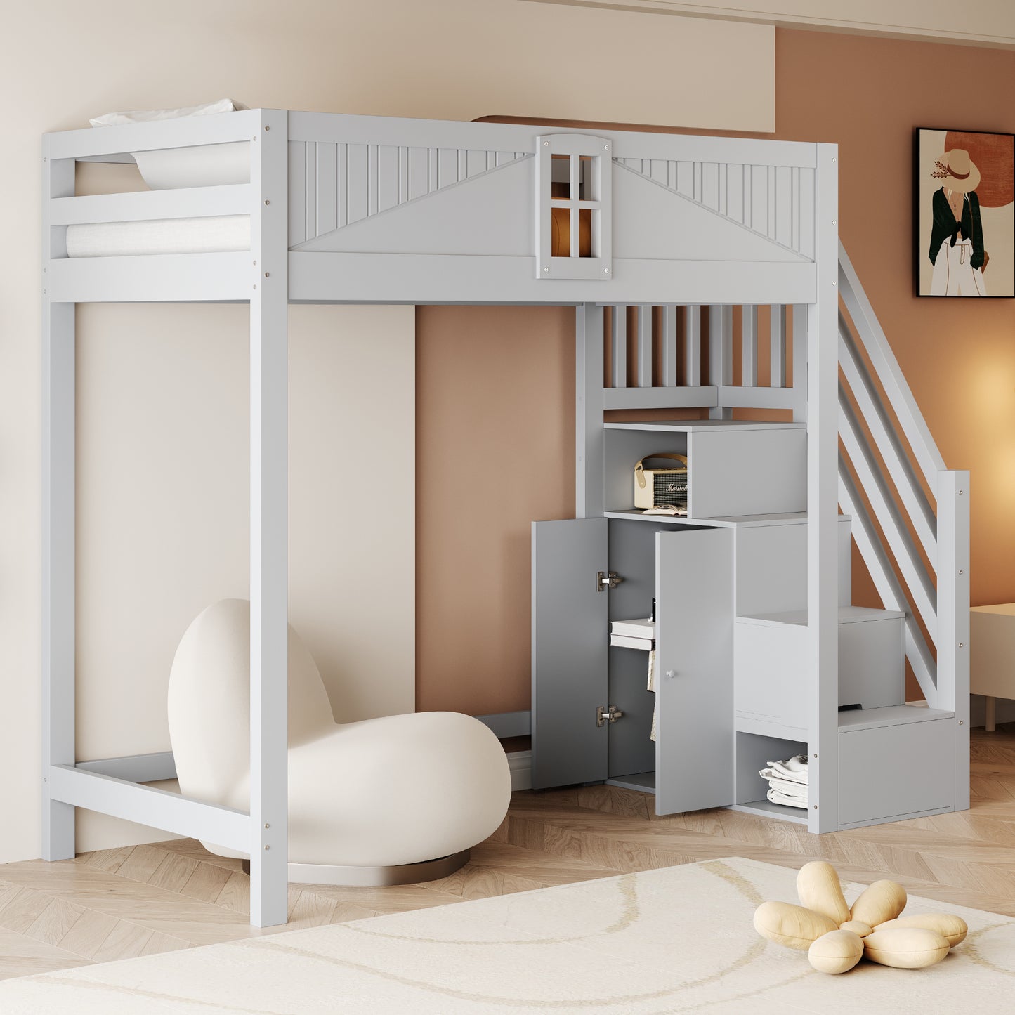 Gigab2b original image - Massivholz-Hochbett 90 x 200 cm, Einzigartige Sicherheitstür mit Fenster, Seitliche Ablage-Sicherheitsleiter Links und Rechts Austauschbar, Multifunktionsbett, Grau
