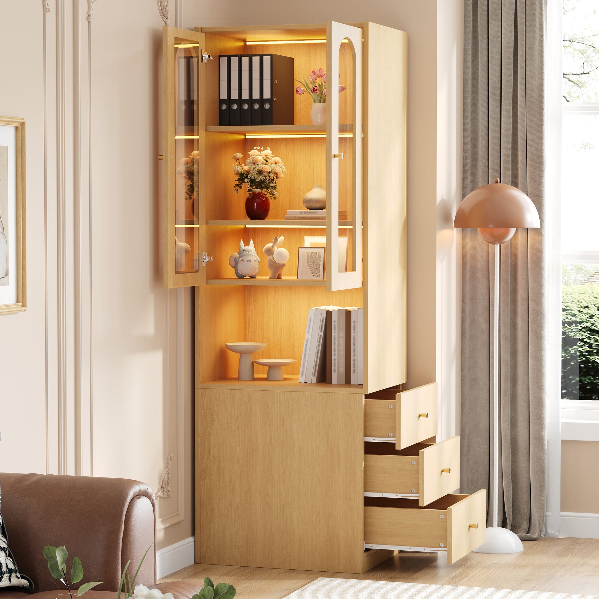 Gigab2b original image - Schmaler Bücherregal-Hochschrank mit seitlichen Schubladen–60×40×200 cm, Holzoptik, mit gehärteter Glasvitrine & LED-Beleuchtung, umkehrbare Montage links/rechts-Vitrine, Bücherregal