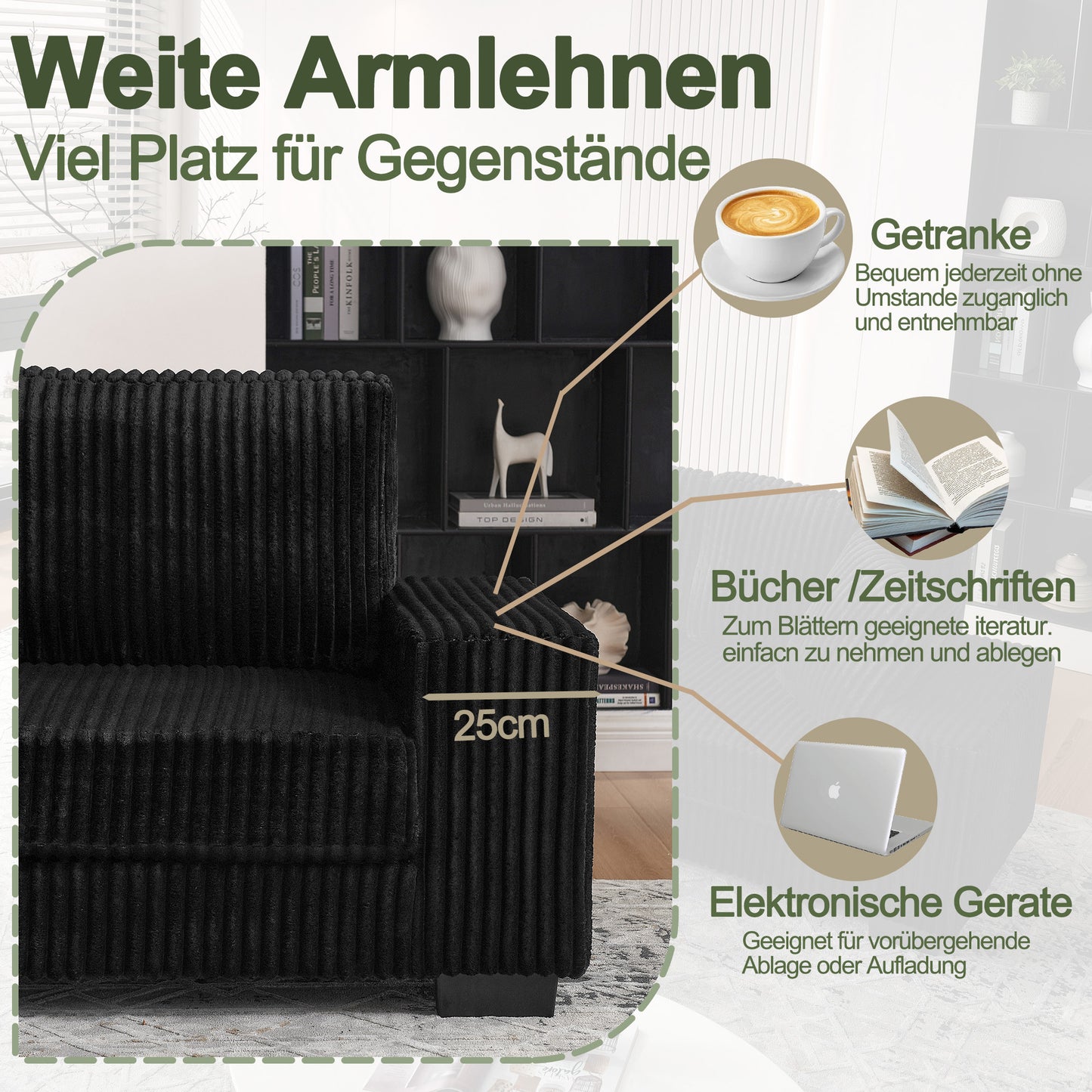 L-formiges Ecksofa 4-Sitzer Sofa, 256 5 x 133 , Klassisches Corduroy, Modulares Design mit Ovalem Hocker, 2