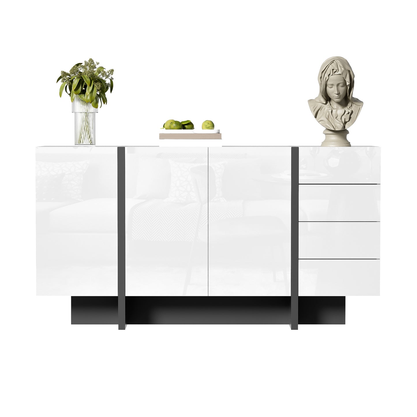 Gigab2b original image - Weißer Hochglanz-Sideboard, moderner und schlichter Anrichte mit 2 Türen und 4 Schubladen, leicht zu reinigen, ideal für Wohnzimmer oder Esszimmer