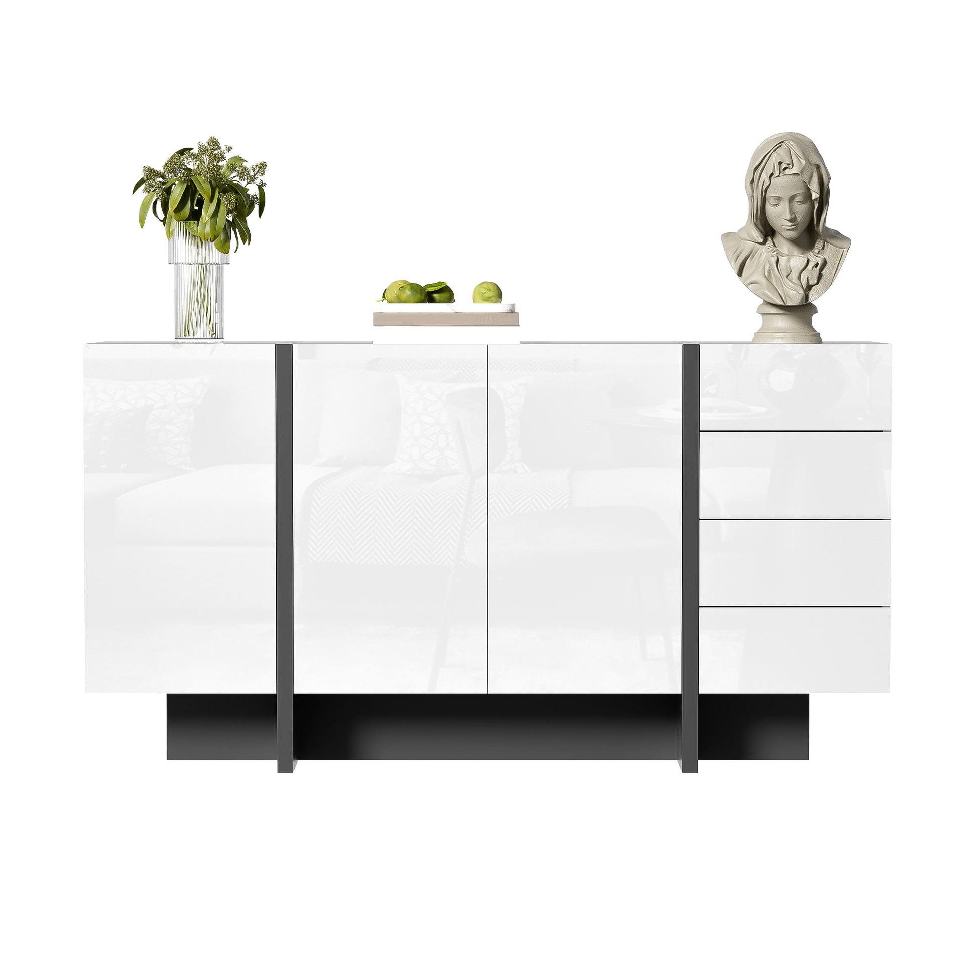 Gigab2b original image - Weißer Hochglanz-Sideboard, moderner und schlichter Anrichte mit 2 Türen und 4 Schubladen, leicht zu reinigen, ideal für Wohnzimmer oder Esszimmer