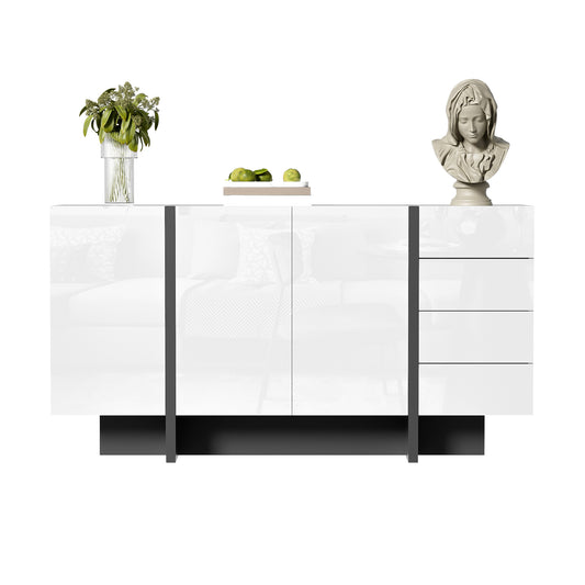 Gigab2b original image - Weißer Hochglanz-Sideboard, moderner und schlichter Anrichte mit 2 Türen und 4 Schubladen, leicht zu reinigen, ideal für Wohnzimmer oder Esszimmer