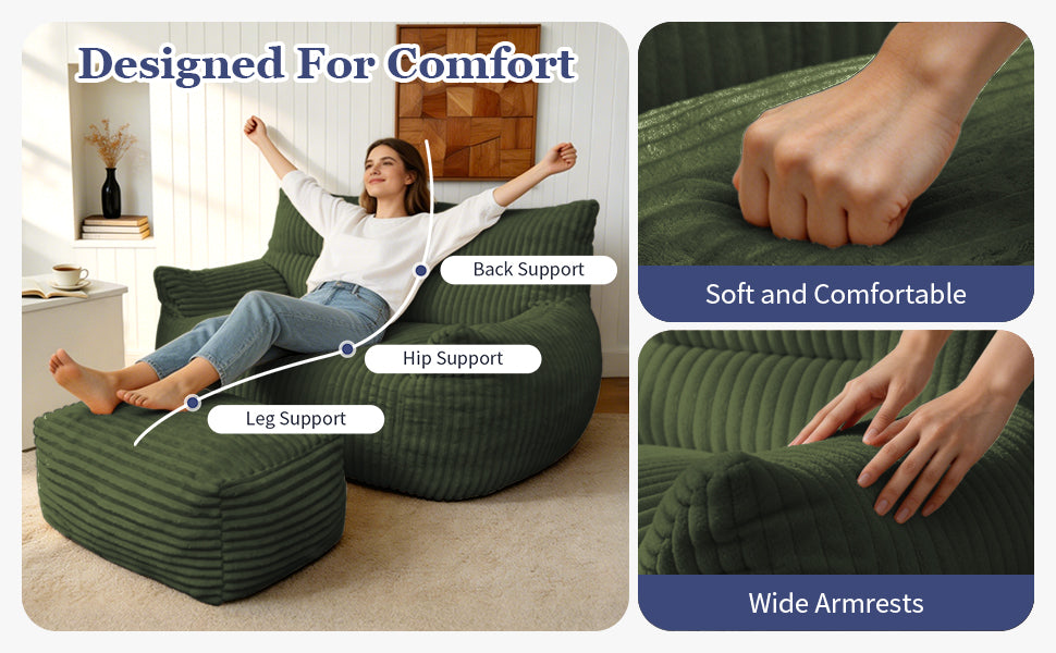 Double Bean Bag Chair with Ottoman - Large Loungers for Living Rooms