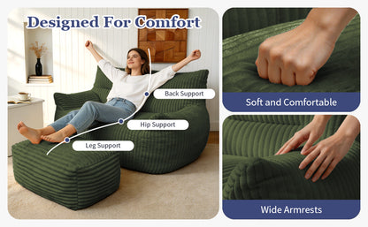 Double Bean Bag Chair with Ottoman - Large Loungers for Living Rooms