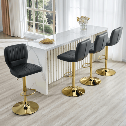 Barhocker höhenverstellbar 62-83cm, 360° drehbarer Barstuhl mit Rückenlehne & Fußstütze, Ergonomischer Küchenhocker aus schwarzem Kunstleder, belastbar bis 136kg, Gold-Chrom Finish