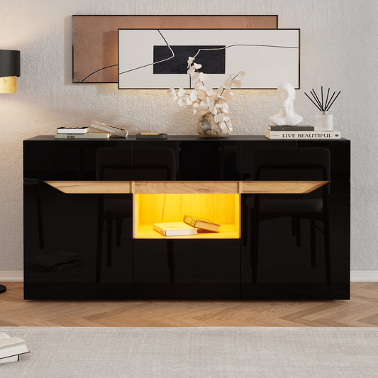 140*40*70cm Wohnzimmeranrichte,Sideboards Mit 4 Schubladen,Schrank mit zwei Fächern,breite grifflose Kommode,vielseitig einsetzbar,Hochglanz-Sofa-Beistellschrank mit LED-Beleuchtung,Schwarz+Holzfarbe