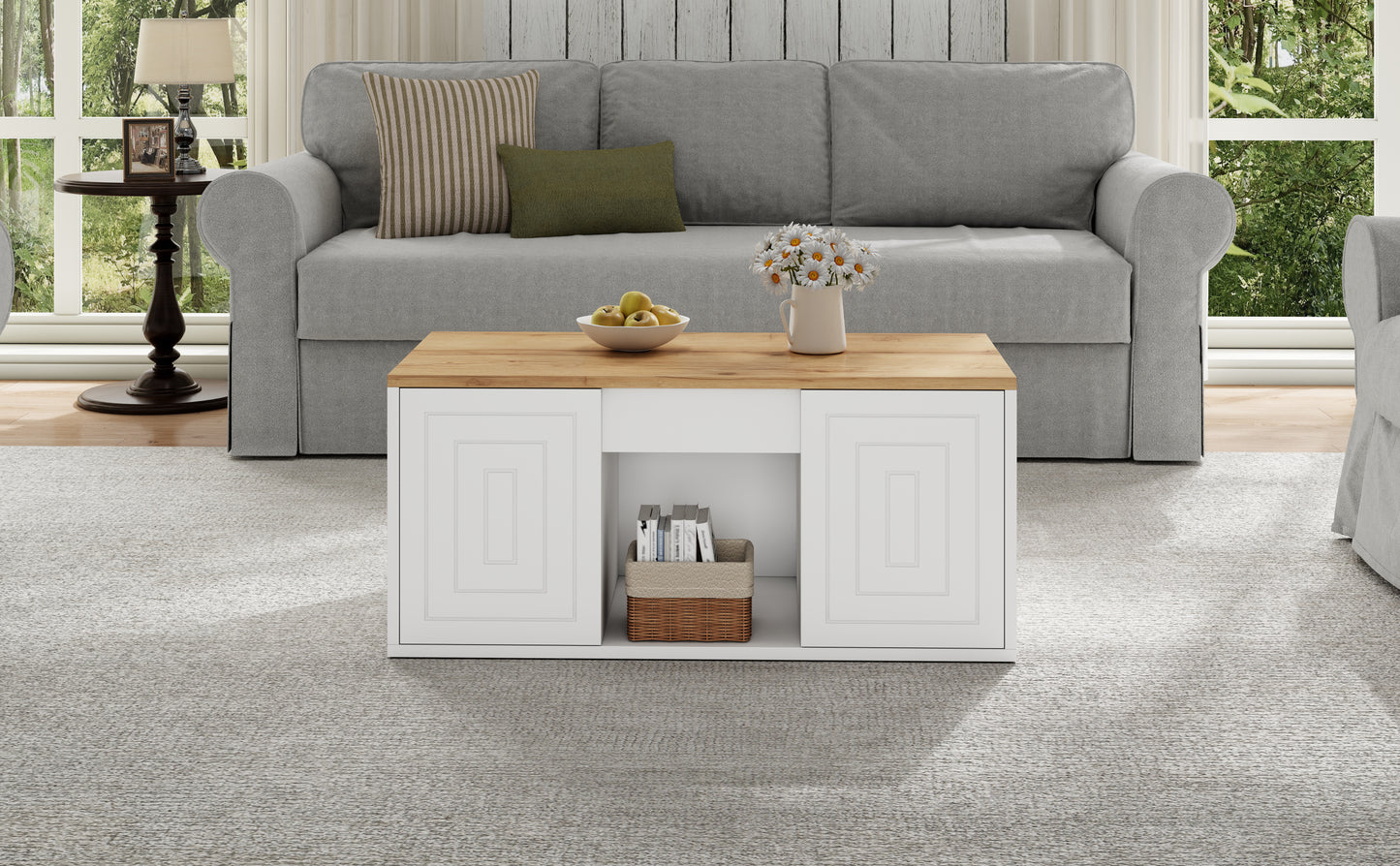Wohnzimmer-Couchtisch, 46 x 95 x 45 cm, höhenverstellbar bis maximal ca. 59 cm, mit zwei Schranktüren und einem klaren, stromlinienförmigen Design.Beistelltisch aus Naturholz,Sofatisch, Schreibtisch