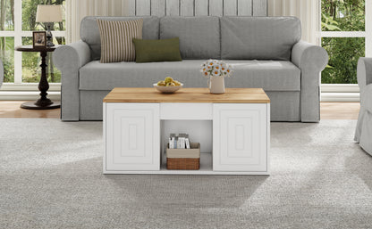 Wohnzimmer-Couchtisch, 46 x 95 x 45 cm, höhenverstellbar bis maximal ca. 59 cm, mit zwei Schranktüren und einem klaren, stromlinienförmigen Design.Beistelltisch aus Naturholz,Sofatisch, Schreibtisch
