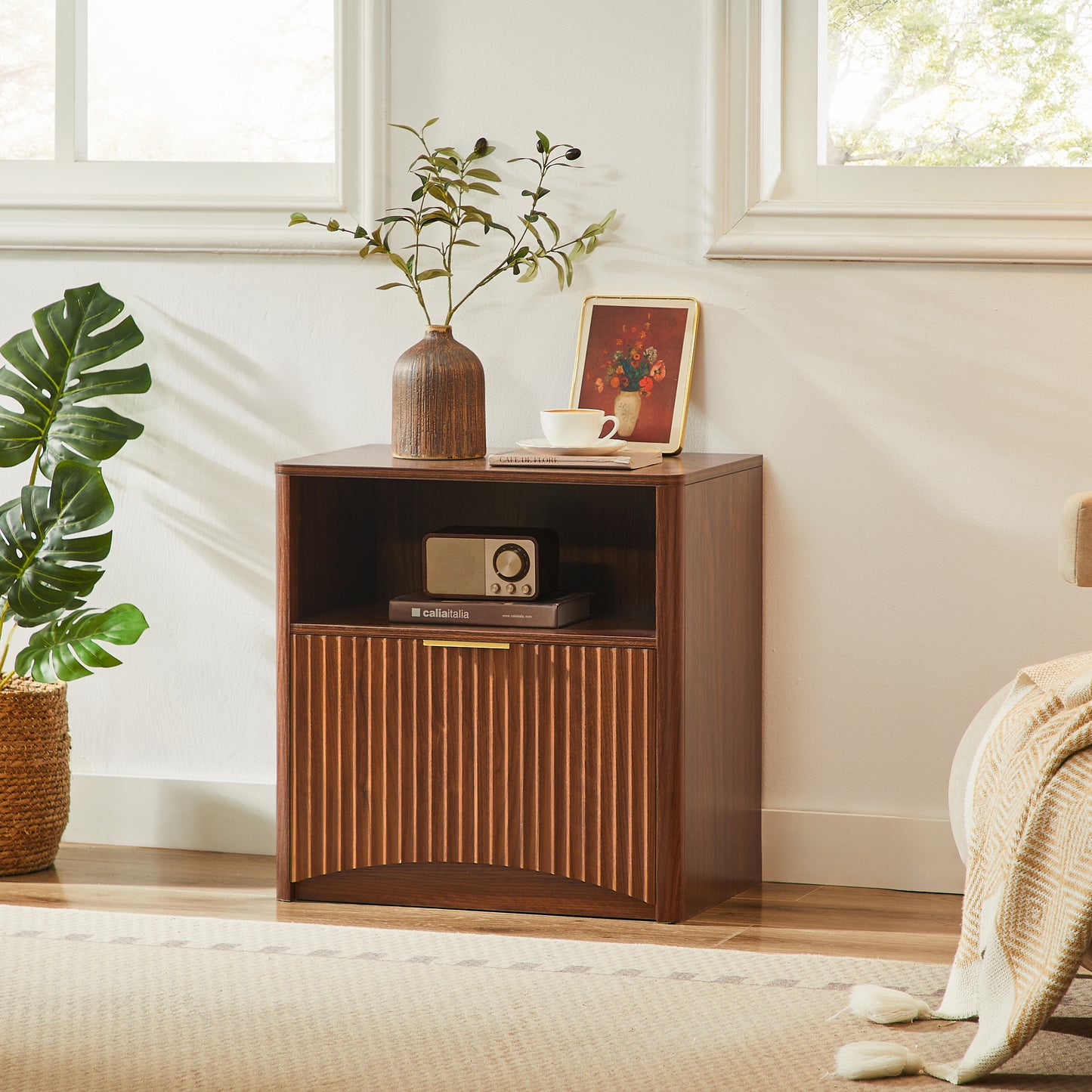 Space-Saving Golden Nightstand with Open Drawer