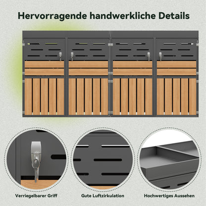Multifunktionaler Außenschrank mit integriertem Pflanzkasten, Lamellenbelüftung, vier separaten Fächern, verzinktem Stahlrahmen und Sicherungskette – für Lagerung & Gartendekoration (ohne Abfalleimer)