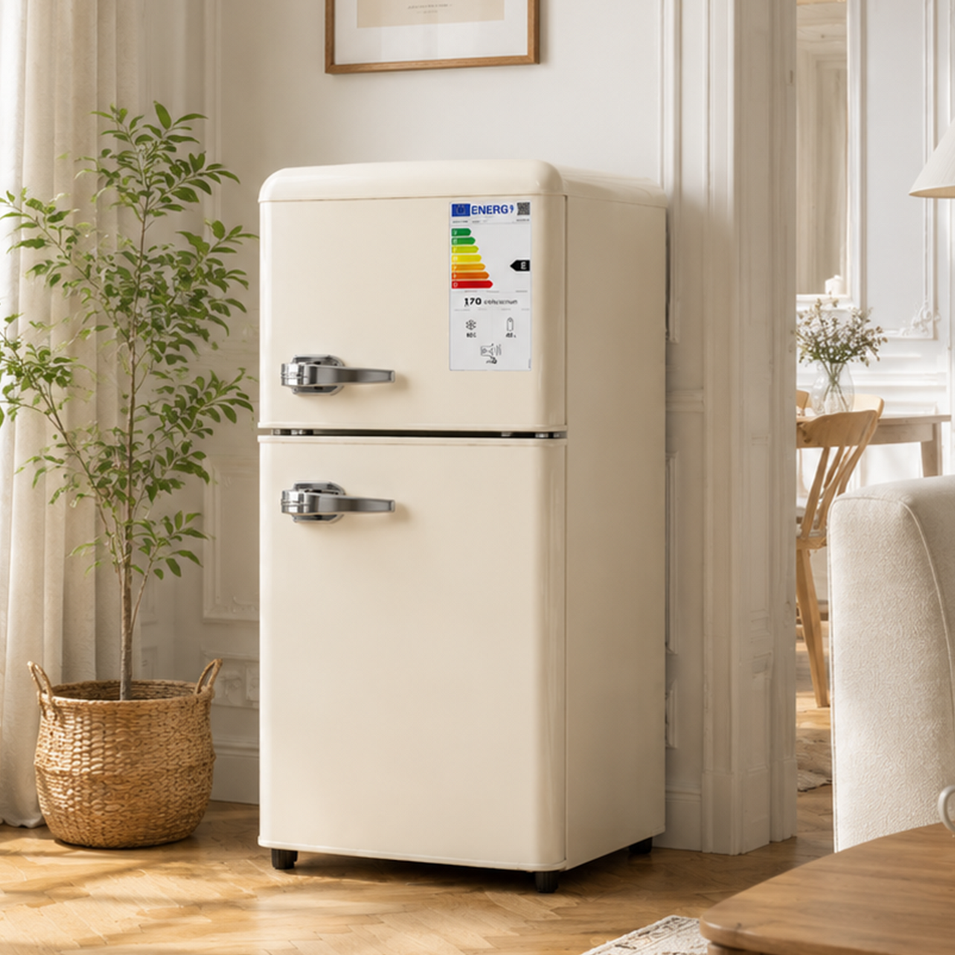 Gigab2b original image - Doppeltürkühlschrank (86 L) – 56 L Kühlbereich + 30 L Gefrierbereich, 7‑stufige Temperaturregelung, Klasse E, LED‑Licht, verstellbare Böden, Eierhalter – ideal für Küche, Wohnzimmer & Büro.cremefarben