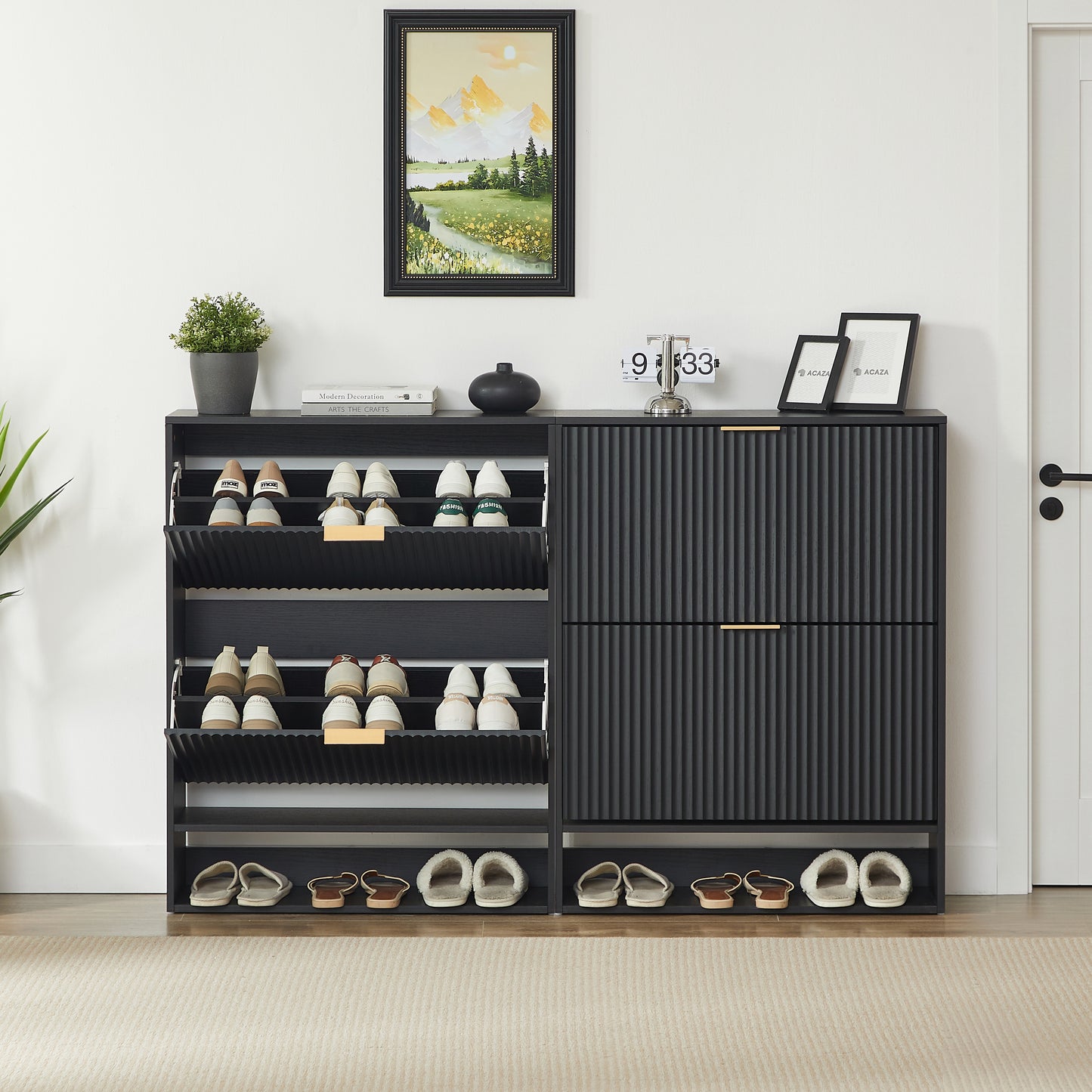 80 x 24 cm Schuhschrank mit Nutfront – Höhenverstellbar mit Kippschutz und Dekotisch für den Flur, in Schwarz