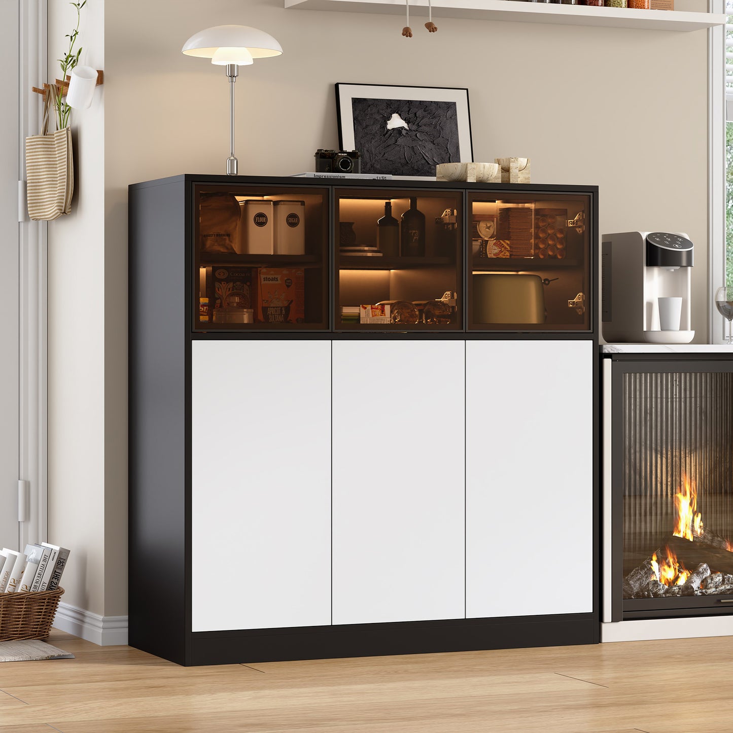 Sideboard,Küchenschrank, Aufbewahrungsschrank. Geeignet für Wohnzimmer, Küche, Esszimmer, mit Beleuchtung, 3 Glastüren, 3 weiße Türen, 100 x 40 x 105 cm, (Old Sku: N657P36865556S)