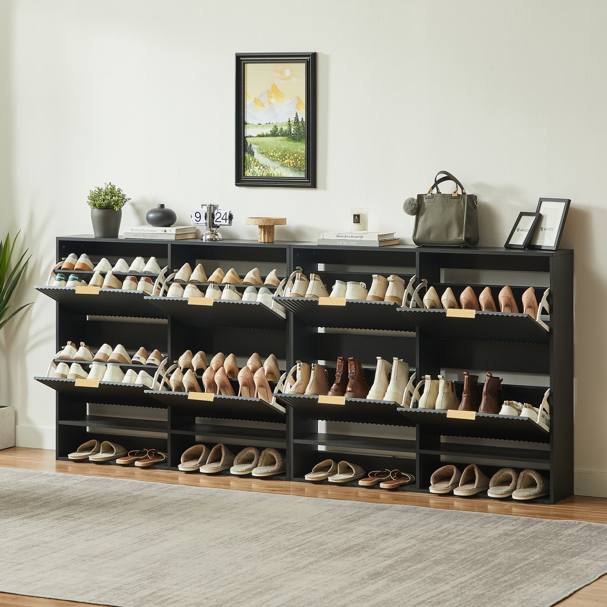 120 x 24 cm Schuhschrank mit Nutfront – Höhenverstellbar mit Kippschutz und Dekotisch für den Flur, in Schwarz