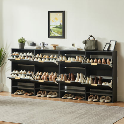 120 x 24 cm Schuhschrank mit Nutfront – Höhenverstellbar mit Kippschutz und Dekotisch für den Flur, in Schwarz
