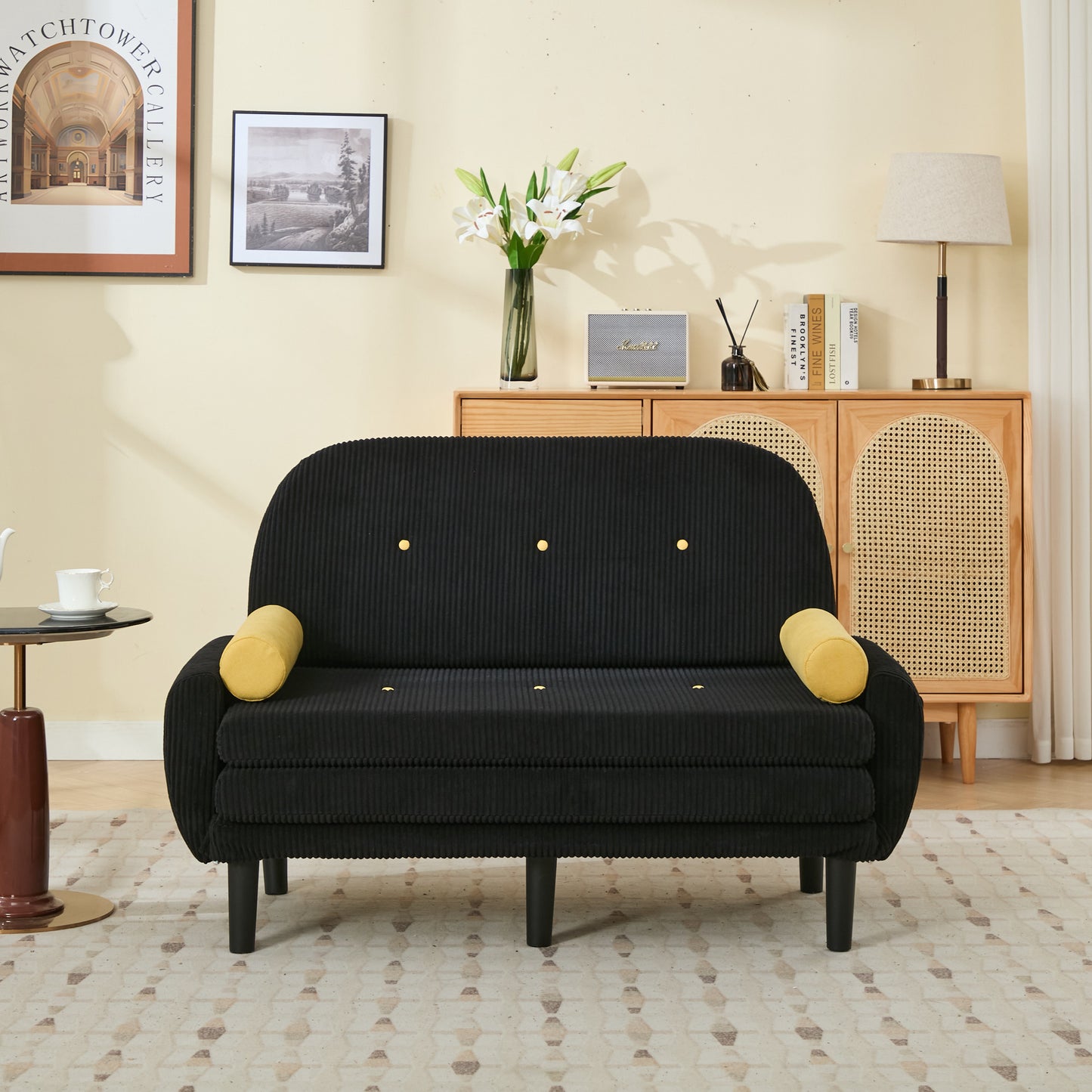 Gigab2b original image - Schwarzer Cord-Loveseat-Sofa für das Wohnzimmer, als Daybed und Relaxsessel mit Stauraum.