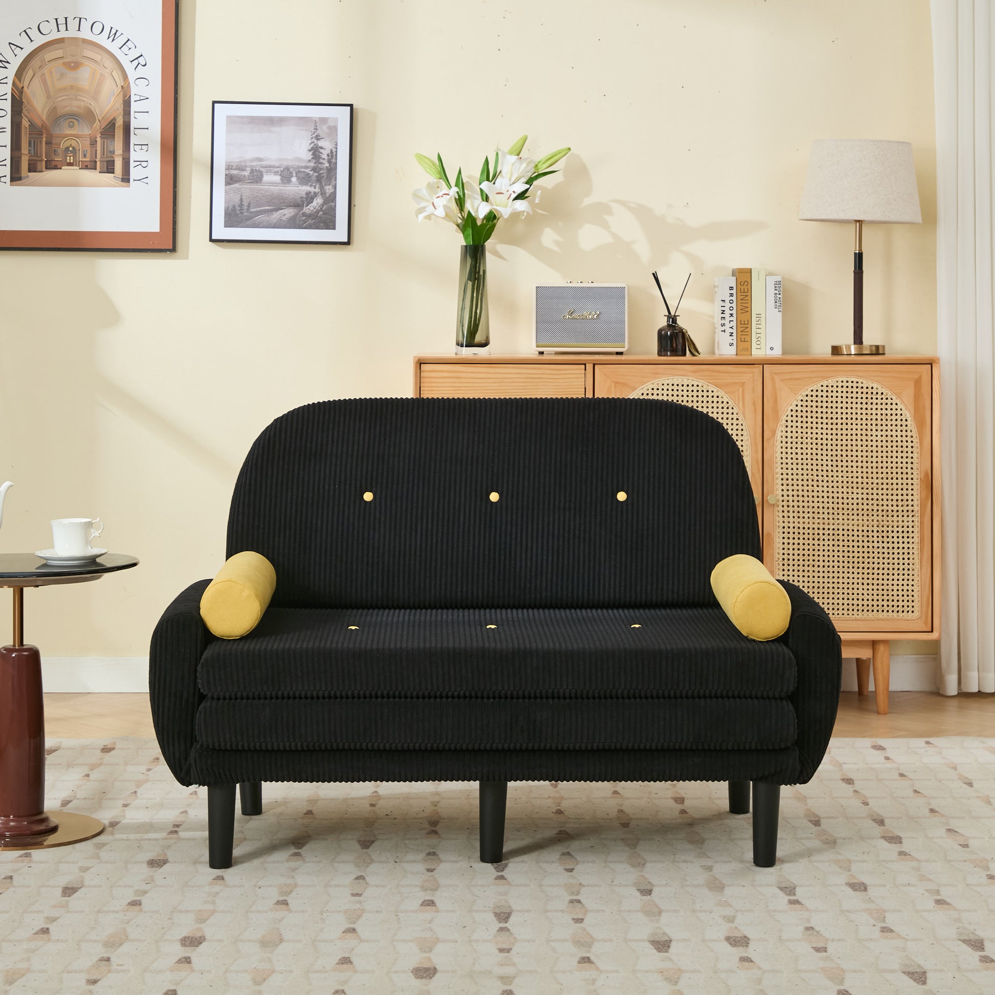 Gigab2b original image - Schwarzer Cord-Loveseat-Sofa für das Wohnzimmer, als Daybed und Relaxsessel mit Stauraum.