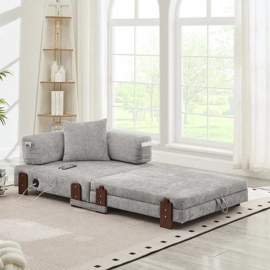 2-in-1 Folding Sofa with Sleep Function & USB & Type C Port & Storage,Compact Sofa Bed with Armrests for Small Spaces ,Guest Room & Loft - Light Grey