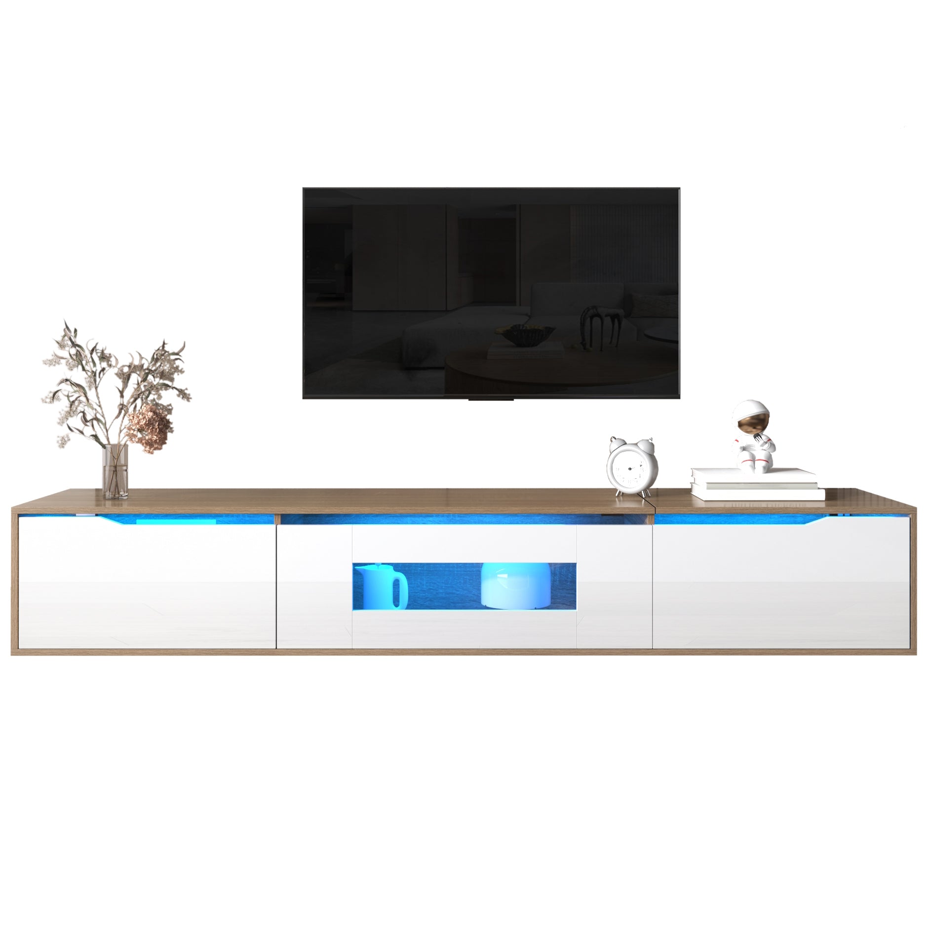 Gigab2b original image - TV-Schrank, Hochglanz-TV-Schrank, farblich passend zu Hochglanz-Weiß und Holzfarbe, mit farbwechselndem LED-Licht.