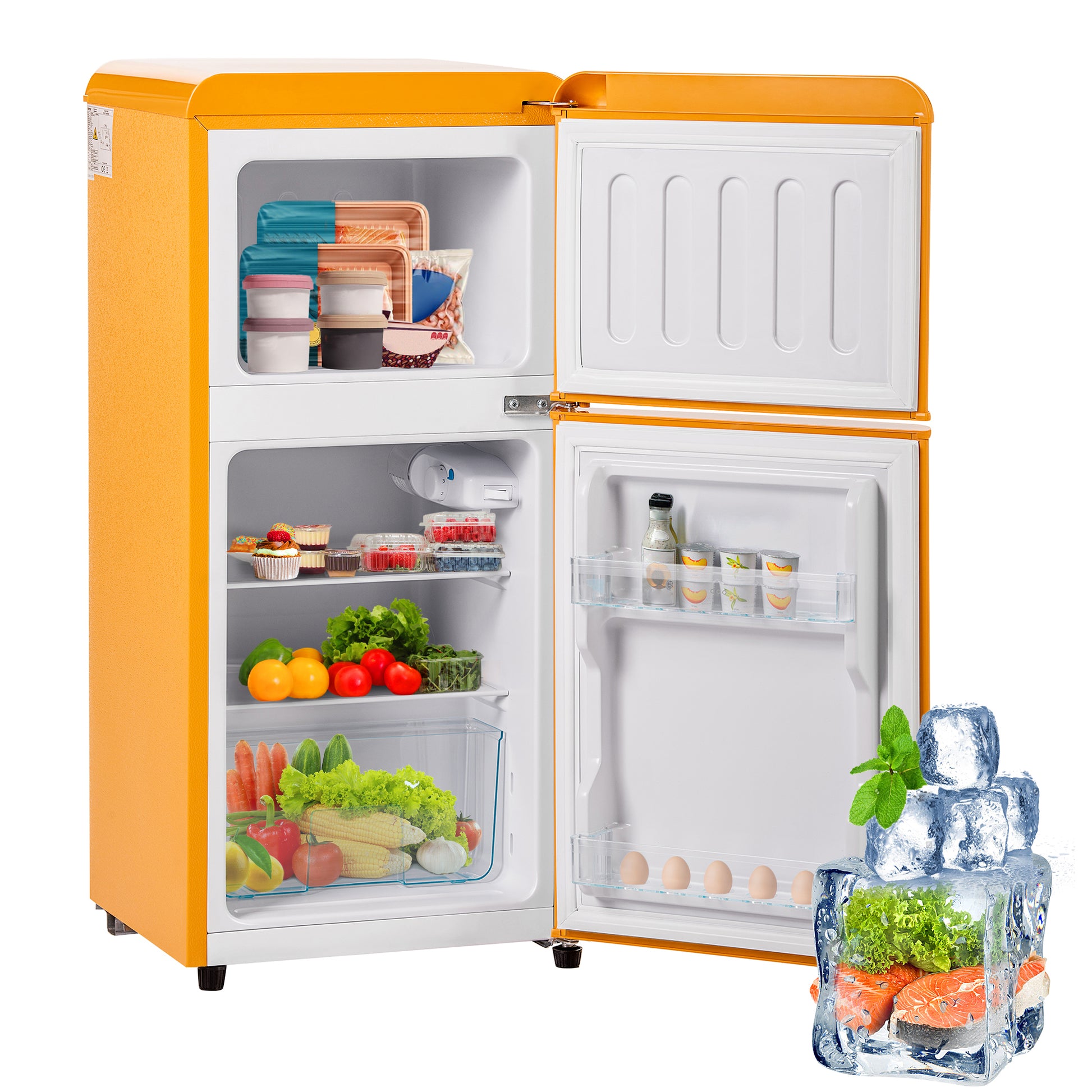 Gigab2b original image - Retro-Kühlschrank. Gefrierkombination. 86,8 cm hoch(Höhe inkl. Sockel 88,8cm), 45,5 cm breit, zweitürig, mit 60 Liter Gesamtvolumen, 22 Liter Gefriervolumen. 102 kWh/Jahr, ED-Licht. Energieklasse E