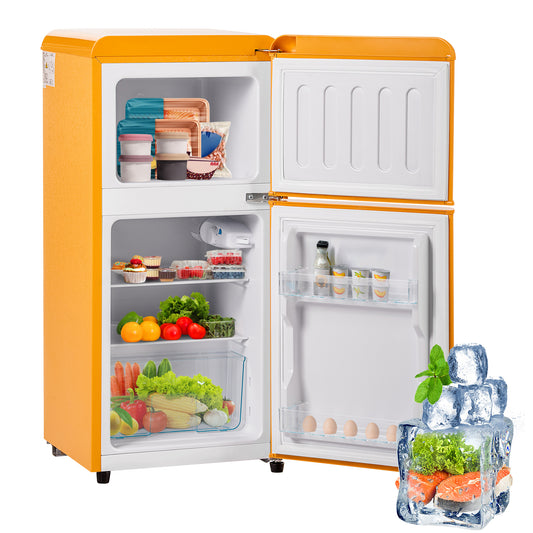Gigab2b original image - Retro-Kühlschrank. Gefrierkombination. 86,8 cm hoch(Höhe inkl. Sockel 88,8cm), 45,5 cm breit, zweitürig, mit 60 Liter Gesamtvolumen, 22 Liter Gefriervolumen. 102 kWh/Jahr, ED-Licht. Energieklasse E