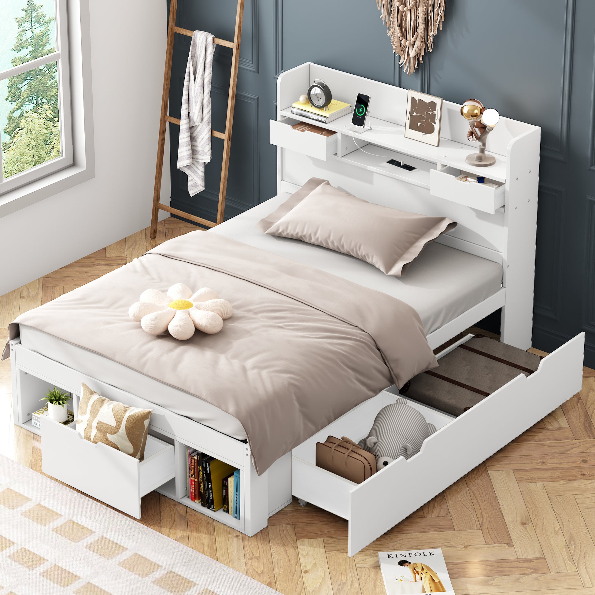 Gigab2b original image - Lit simple, 90*190 cm, avec port USB et tiroir, lit enfant, lit adolescent, lit multifonctionnel, grand espace de rangement, matelas non inclus, blanc.