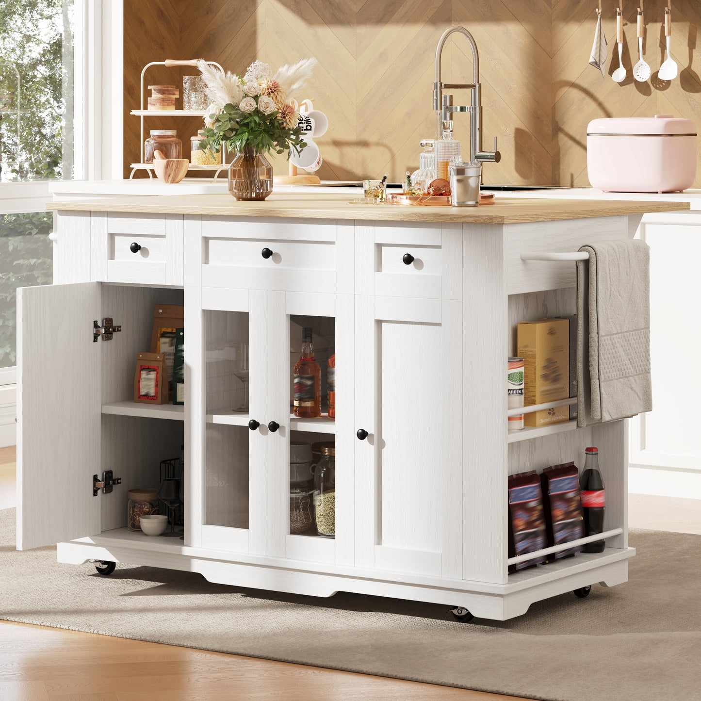 Gigab2b original image - Kücheninsel, abnehmbare Trennwände, Küchenschrank, Esszimmerwagen mit Arbeitsplatte, Buffetschrank, Esszimmerwagen mit Holzmaserung, Buffetschrank, Schrank aus gehärtetem Glas, weiß