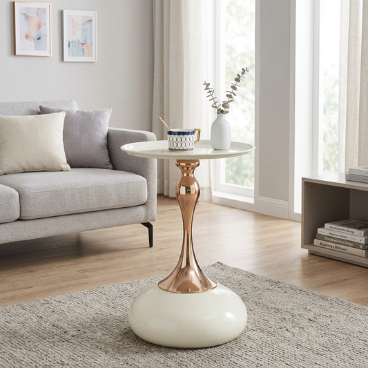 Gigab2b original image - Moderne Martini-Tische, Kleiner runder Beistelltisch für das Wohnzimmer, 38 cm Endtisch mit Metallbasis, weißer Kreis Schlafzimmertisch und Nachttisch, Balkontisch für Tee, Ecke Akzenttische für Bett