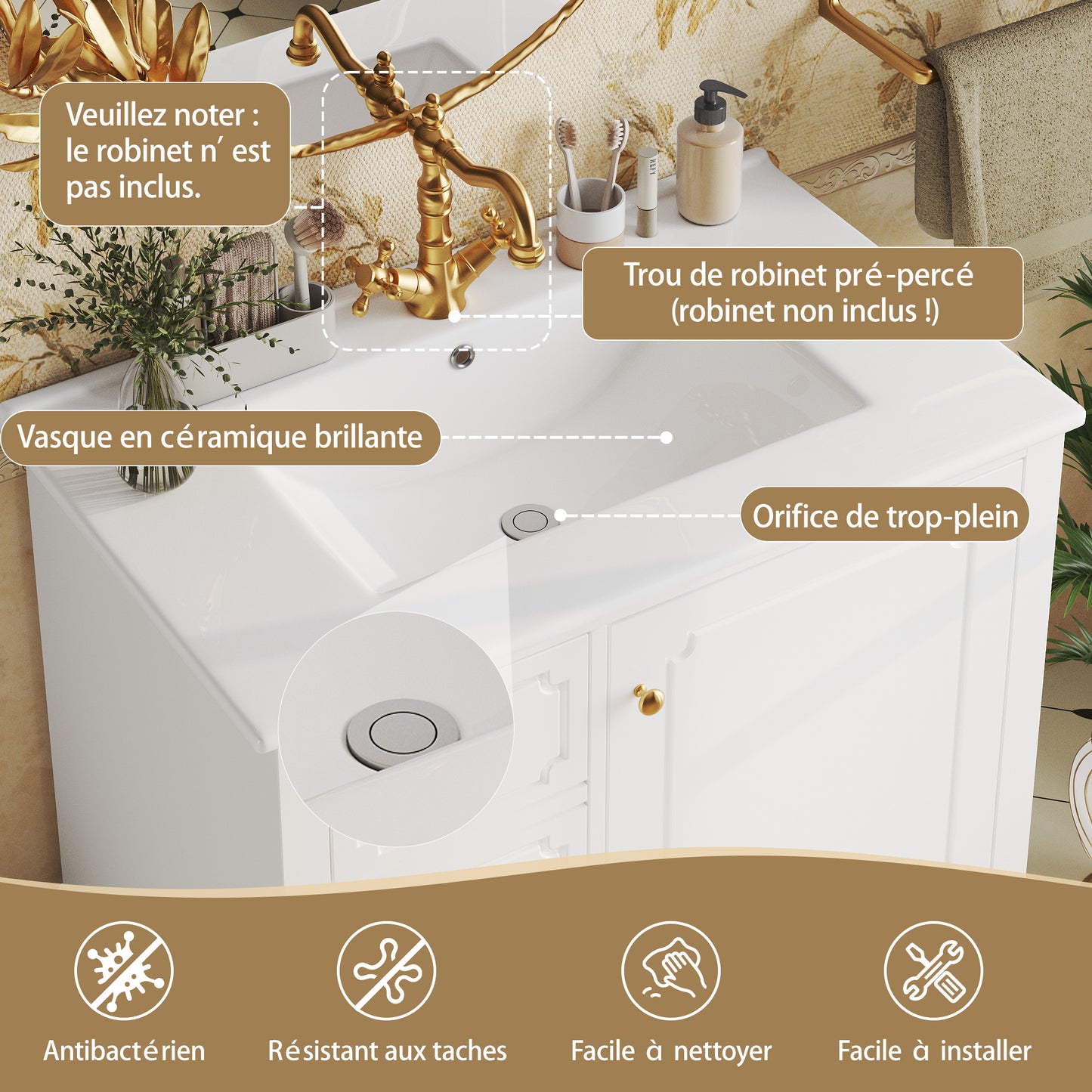 Badezimmer Waschbeckenunterschrank 76,5cm mit Keramikwaschbecken & Goldgriffen – Antibakteriell, mit Überlaufloch & viel Stauraum Weiß