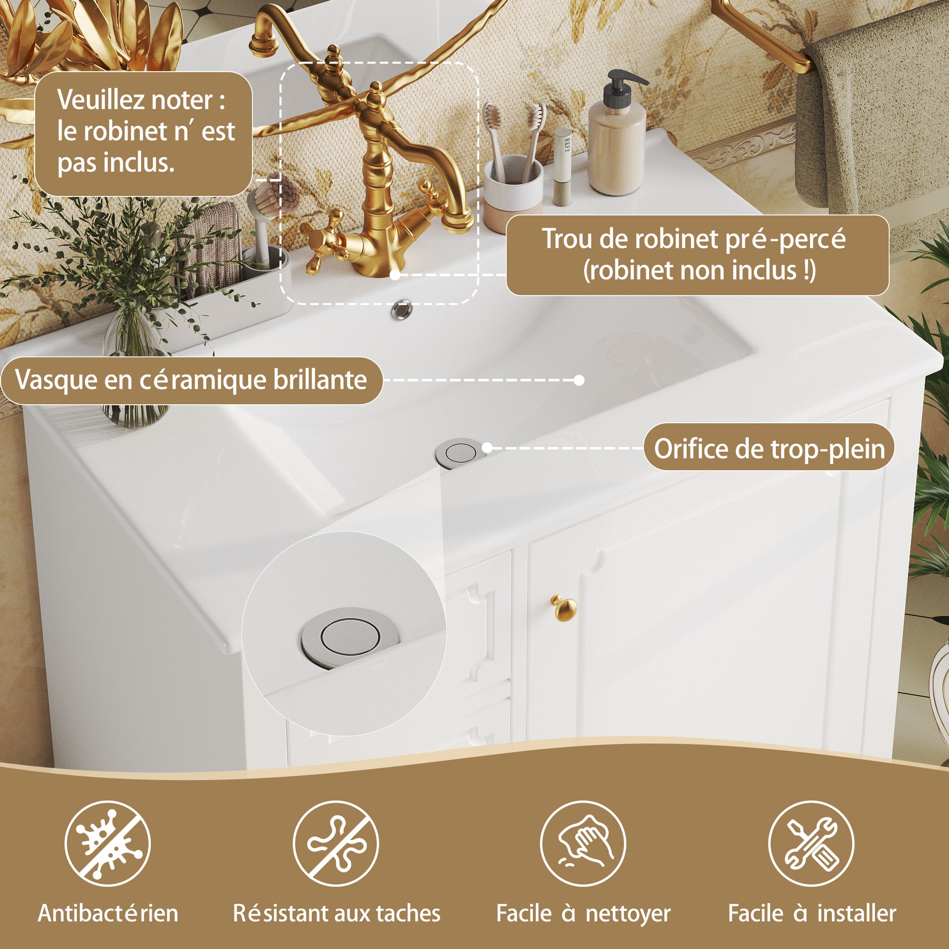 Badezimmer Waschbeckenunterschrank 76,5cm mit Keramikwaschbecken & Goldgriffen – Antibakteriell, mit Überlaufloch & viel Stauraum Weiß