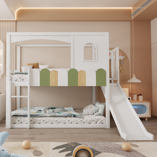 Gigab2b original image - Etagenbett Kinderbett 90*200 cm Hausförmiger Rahmen Mit Fenstern, Unregelmäßiges Mehrfarbiges Geländerdesign, Mit Rutsche und Sicherheitsleiter, Hochbett, Weiß