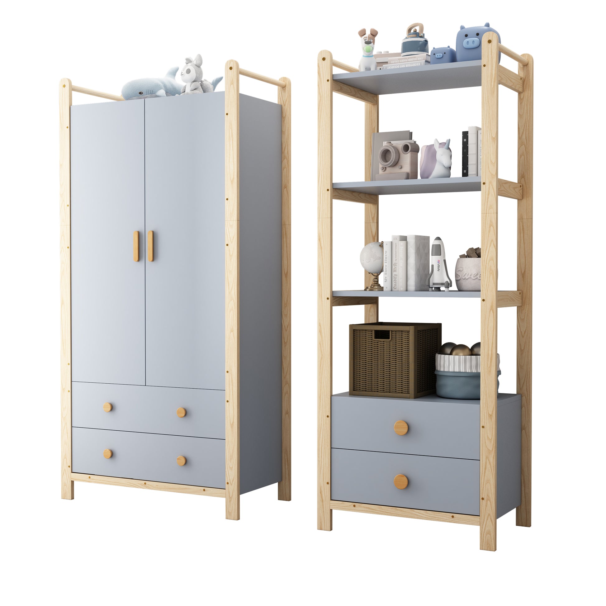 Gigab2b original image - Doppelklappengarderobe, Kombinationsgarderobenset, Garderobe + Regal, Kinderzimmer-Set, Kombinationsmöbel, mit Kleiderstange und Schubladen, Fichtenrahmen, Farbkombination Blau + Naturholz, Höhe 180cm