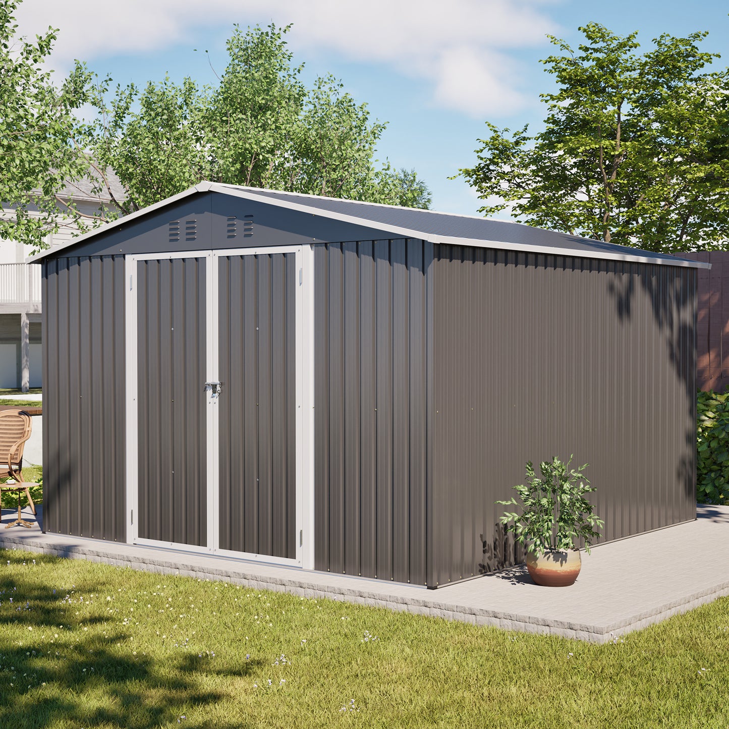 10'x10' Metal Storage Shed with Floor Frame, Heavy Duty Steel Garden Shed, Lockable Doors & Weather Resistant for Backyard Patio Lawn – Grey