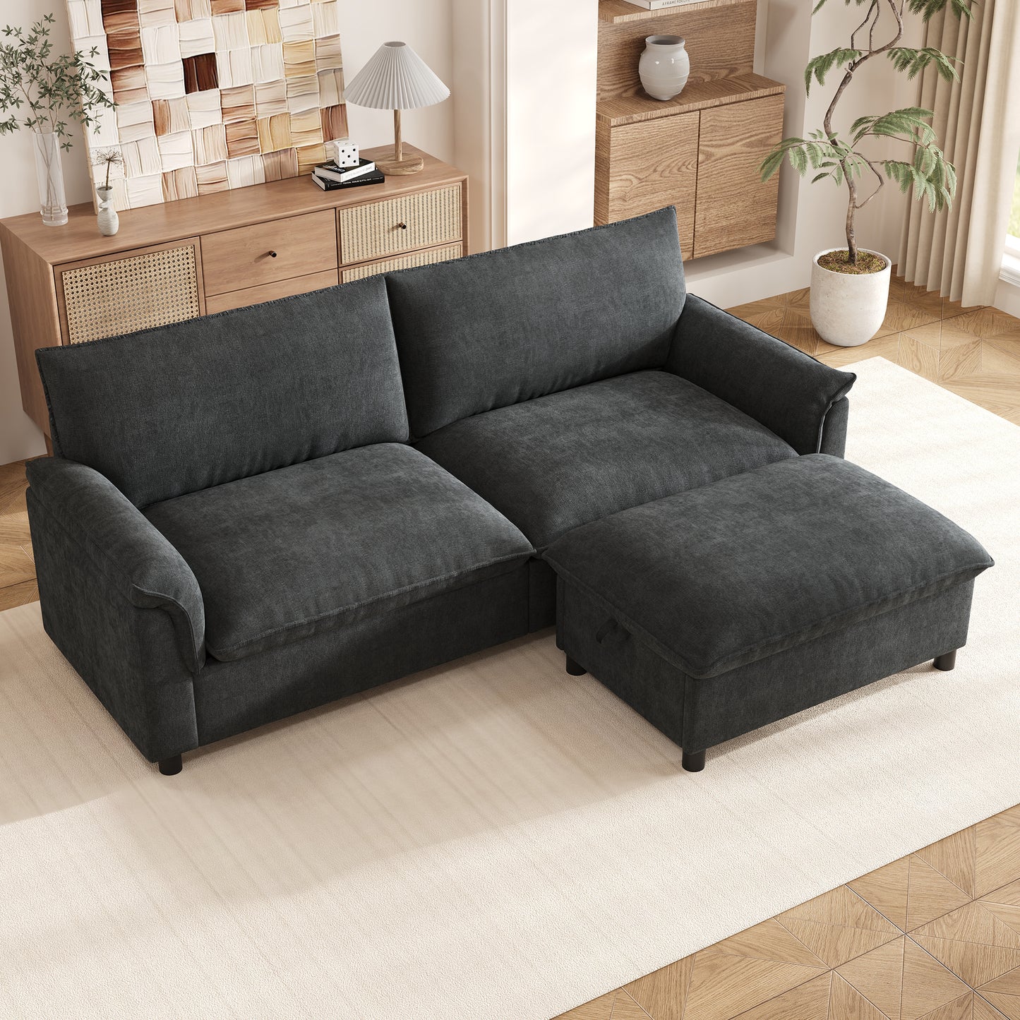 Modulares Cloud-Sectional-Sofa, komfortables Ecksofa für das Wohnzimmer, modernes Deep-Seat-Design, übergroßes Cloud-Sofa, mit 1 beweglichen Fußhocker, hohe Rückenlehne, Schwarz, B216 × H82 × T77 cm