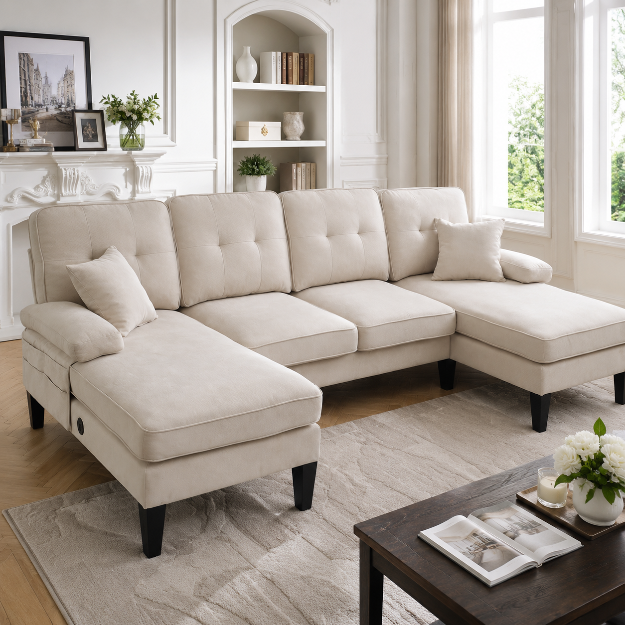 Gigab2b original image - Großes U-förmiges 4-Sitzer Sofa aus weichem Leinenstoff, moderne Rückenlehne,mit zwei Chaise-Lounges,stabile Füße und kuschelige Sitzkissen mit Dekokissen – elegant für jedes Wohnzimmer.Beige