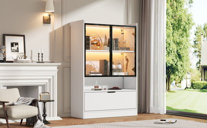 Moderne LED Vitrine Matt Höhe 120cm mit LED-Beleuchtung, Glasvitrine Standvitrine mit Beleuchtung, Wohnzimmerschrank mit Glastüren und Klapptür, Spanplatte Display Schrank,Weiß