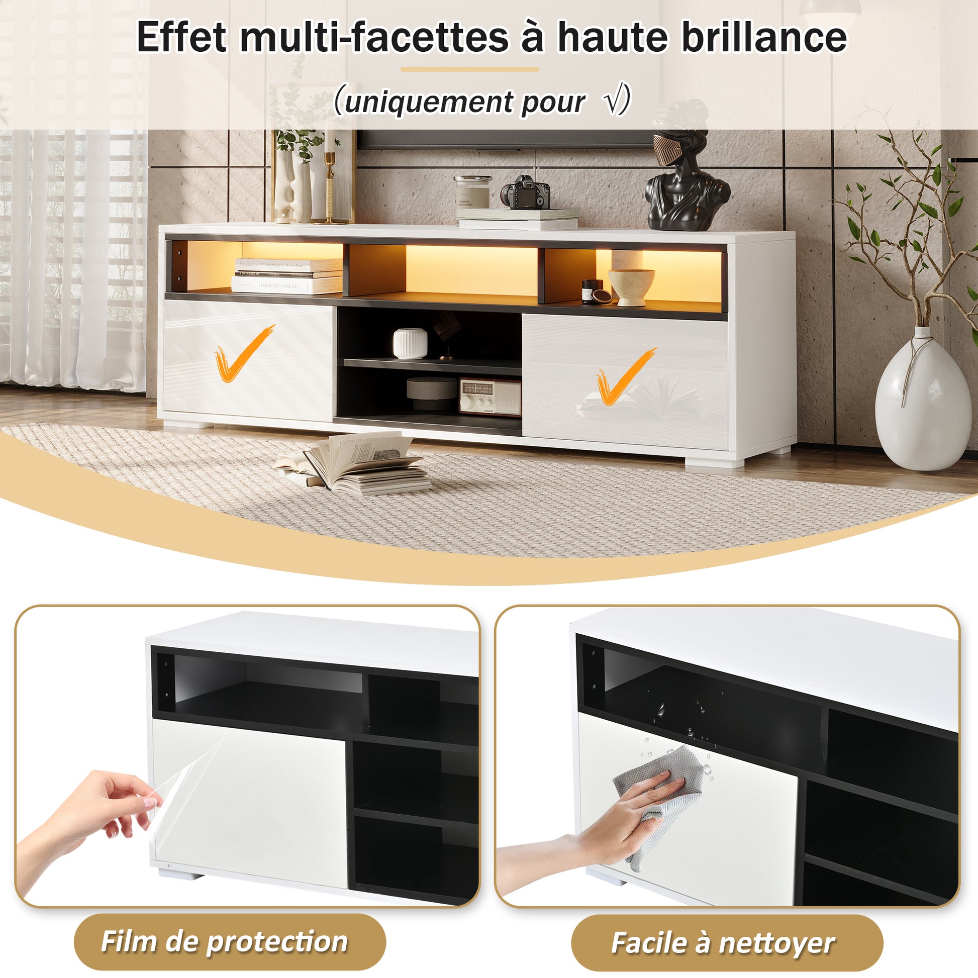 150 × 35 × 50 cm LED-TV-Bank aus Hochglanz-Spanplatte, Modernes Lowboard mit Stauraum für kleine Wohnzimmer,Unterschrank mit zwei Türen,8 Lagerräume,Speziell für kleine Wohnungen konzipiert