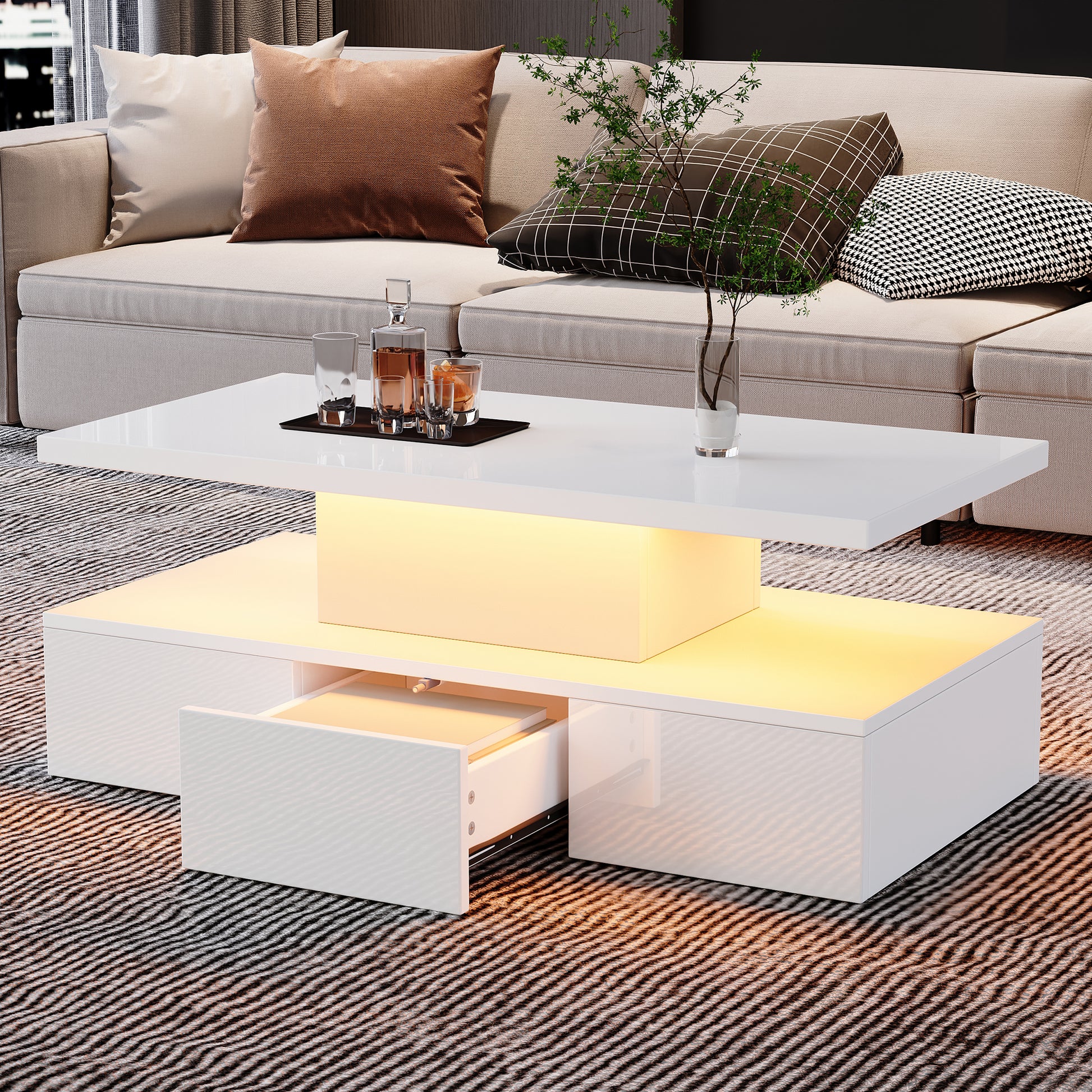Gigab2b original image - Zweistufiger Couchtisch fürs Wohnzimmer mit 16-farbigem LED-Licht, Hochglanz-Wohnzimmertisch, Sofatisch mit offenem Ausstellungsregal und 1 Schiebeschubladen, kleiner rechteckiger Mitteltisch, Weiß