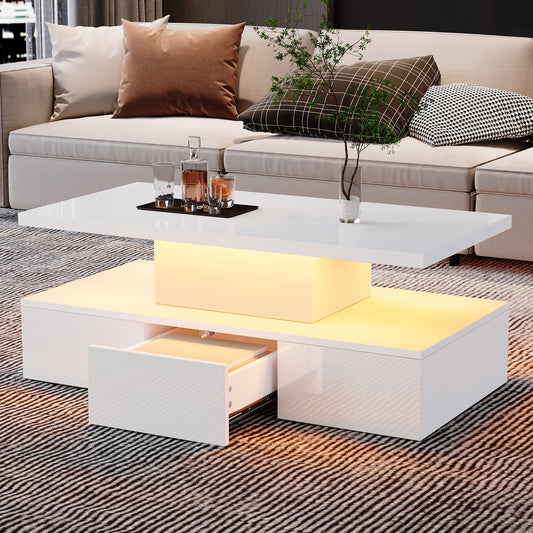 Gigab2b original image - Zweistufiger Couchtisch fürs Wohnzimmer mit 16-farbigem LED-Licht, Hochglanz-Wohnzimmertisch, Sofatisch mit offenem Ausstellungsregal und 1 Schiebeschubladen, kleiner rechteckiger Mitteltisch, Weiß